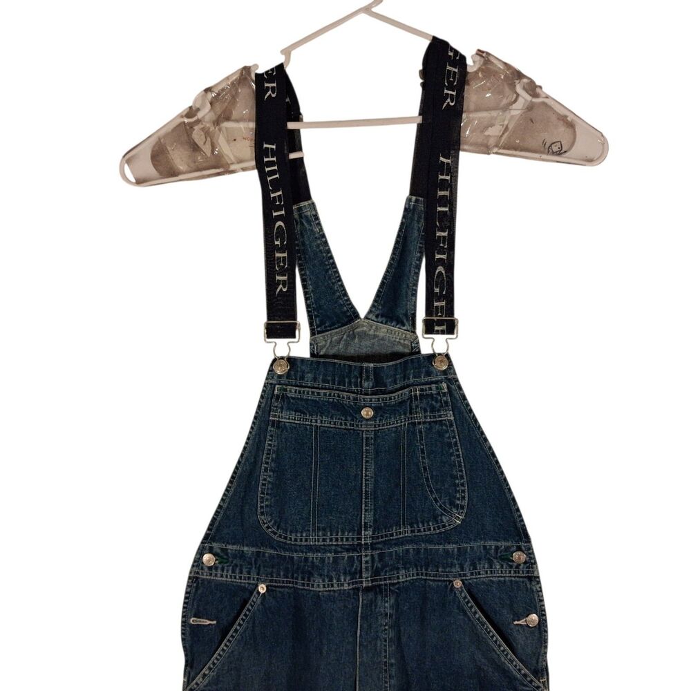 Tommy Hilfiger Vintage overalls bibs mens L Large 36x30 blue denim flag logo Y2K